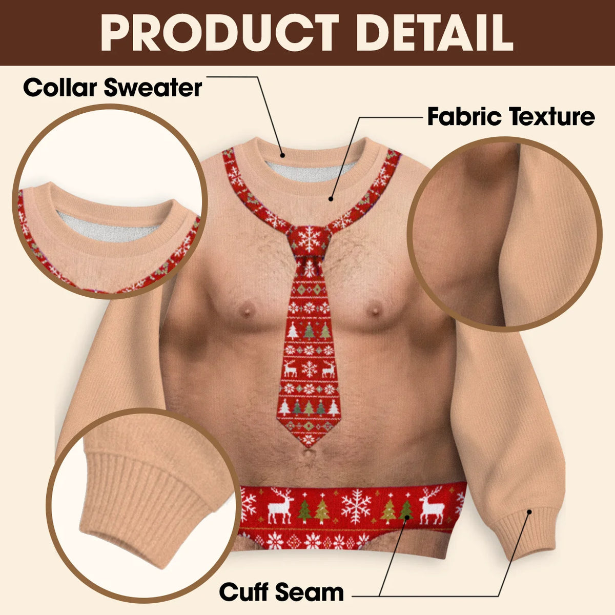 Hairy Chest Red Tie Ugly Christmas Sweater – Funny 3D Illusion Office Party Sweatshirt for Men & Women