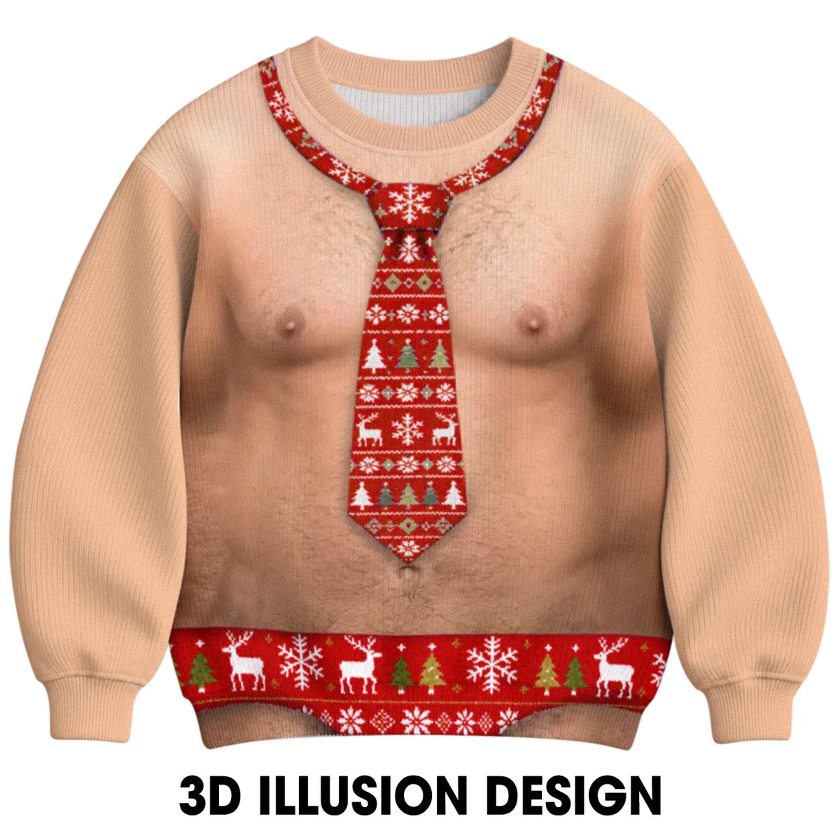 Hairy Chest Red Tie Ugly Christmas Sweater – Funny 3D Illusion Office Party Sweatshirt for Men & Women