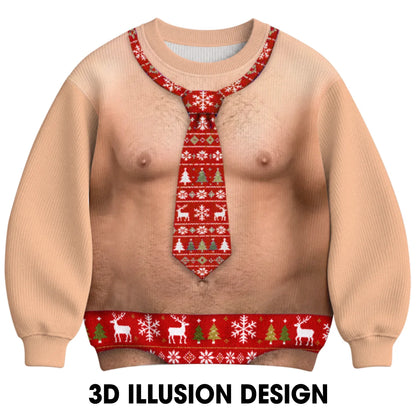Hairy Chest Red Tie Ugly Christmas Sweater – Funny 3D Illusion Office Party Sweatshirt for Men & Women