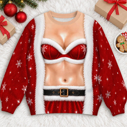 Santa Bra & Abs Ugly Christmas Sweater – Funny 3D Illusion Santa Costume Sweatshirt for Men & Women