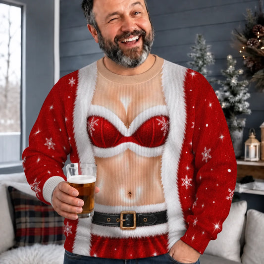 Santa Bra & Abs Ugly Christmas Sweater – Funny 3D Illusion Santa Costume Sweatshirt for Men & Women