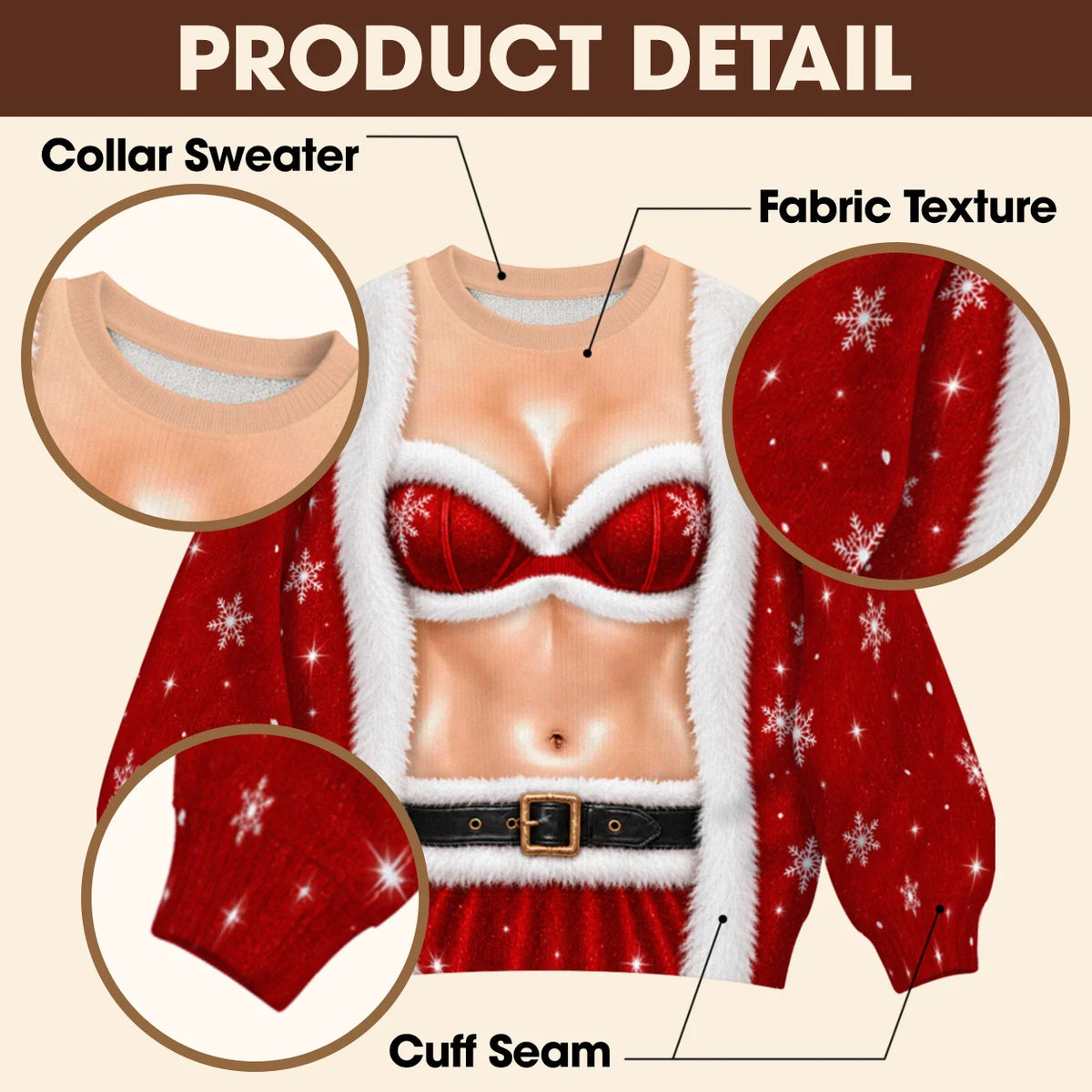 Santa Bra & Abs Ugly Christmas Sweater – Funny 3D Illusion Santa Costume Sweatshirt for Men & Women