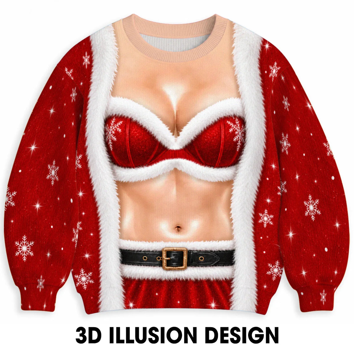 Santa Bra & Abs Ugly Christmas Sweater – Funny 3D Illusion Santa Costume Sweatshirt for Men & Women