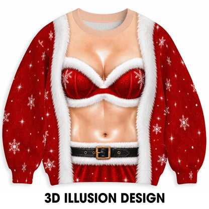 Santa Bra & Abs Ugly Christmas Sweater – Funny 3D Illusion Santa Costume Sweatshirt for Men & Women