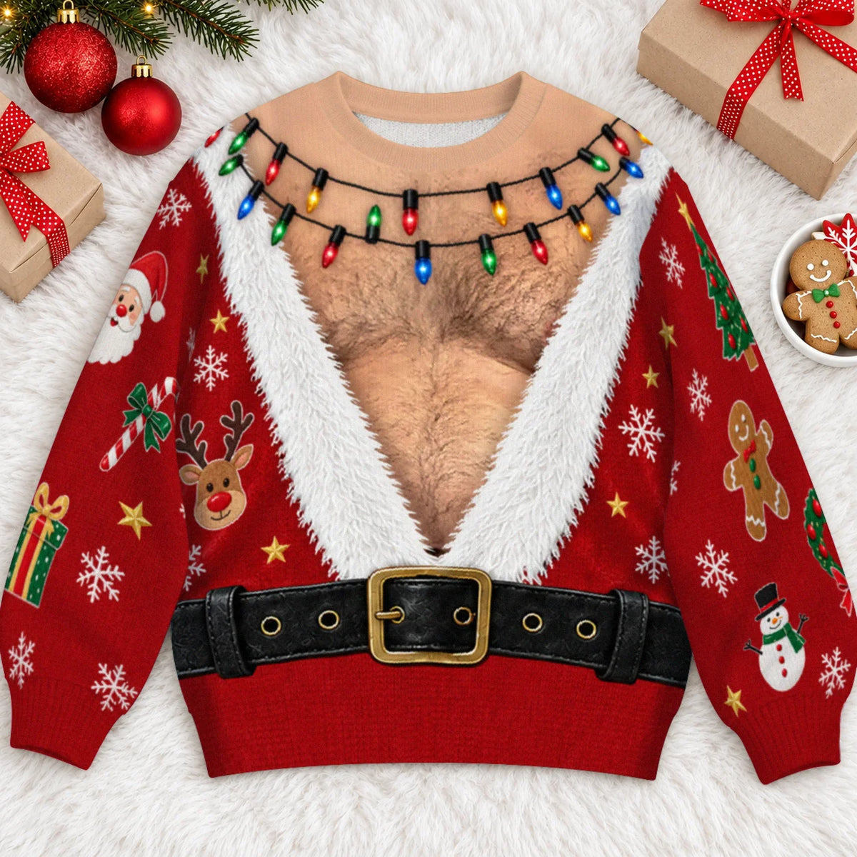 Hairy Santa & Reindeer Sleeves Ugly Christmas Sweater – Funny 3D Illusion Santa Suit Sweatshirt for Men & Women