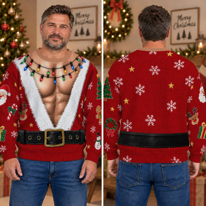 Hairy Santa & Reindeer Sleeves Ugly Christmas Sweater – Funny 3D Illusion Santa Suit Sweatshirt for Men & Women