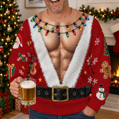Hairy Santa & Reindeer Sleeves Ugly Christmas Sweater – Funny 3D Illusion Santa Suit Sweatshirt for Men & Women