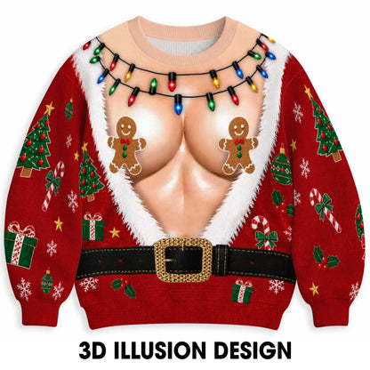 Hairy Santa & Reindeer Sleeves Ugly Christmas Sweater – Funny 3D Illusion Santa Suit Sweatshirt for Men & Women