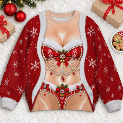 Mrs. Claus Lingerie Ugly Christmas Sweater – Funny 3D Illusion Santa Costume Sweatshirt for Men & Women