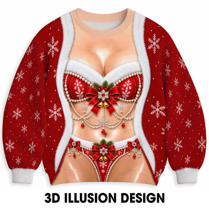 Mrs. Claus Lingerie Ugly Christmas Sweater – Funny 3D Illusion Santa Costume Sweatshirt for Men & Women