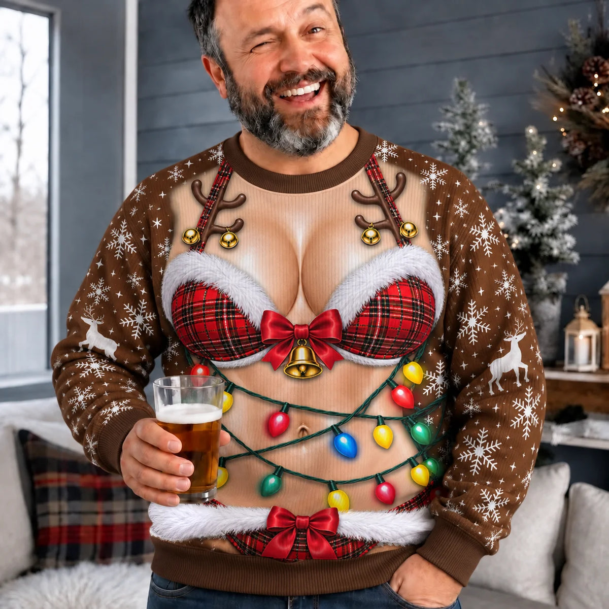 Funny Red Plaid Bikini & Christmas Lights 3D Illusion Sweatshirt – Holiday Party Gift for Men & Women