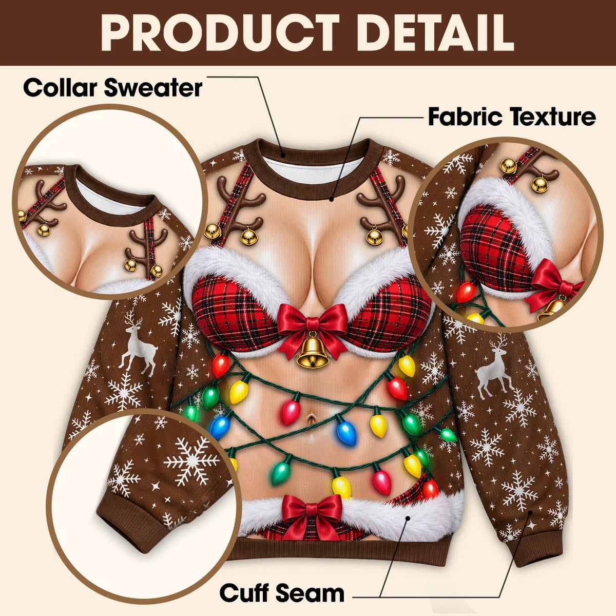 Funny Red Plaid Bikini & Christmas Lights 3D Illusion Sweatshirt – Holiday Party Gift for Men & Women