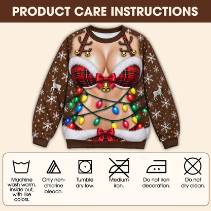 Funny Red Plaid Bikini & Christmas Lights 3D Illusion Sweatshirt – Holiday Party Gift for Men & Women