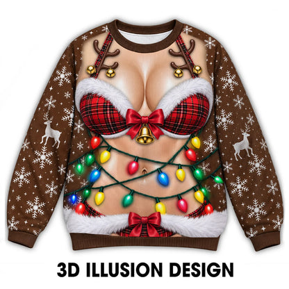 Funny Red Plaid Bikini & Christmas Lights 3D Illusion Sweatshirt – Holiday Party Gift for Men & Women