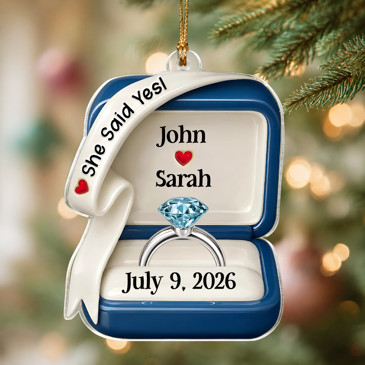 Personalized Acrylic Ring Box Christmas Ornament – Engagement & Anniversary Gift for Couples