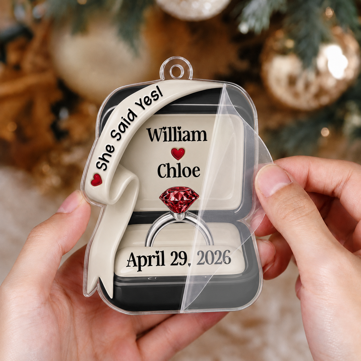 Personalized Acrylic Ring Box Christmas Ornament – Engagement & Anniversary Gift for Couples