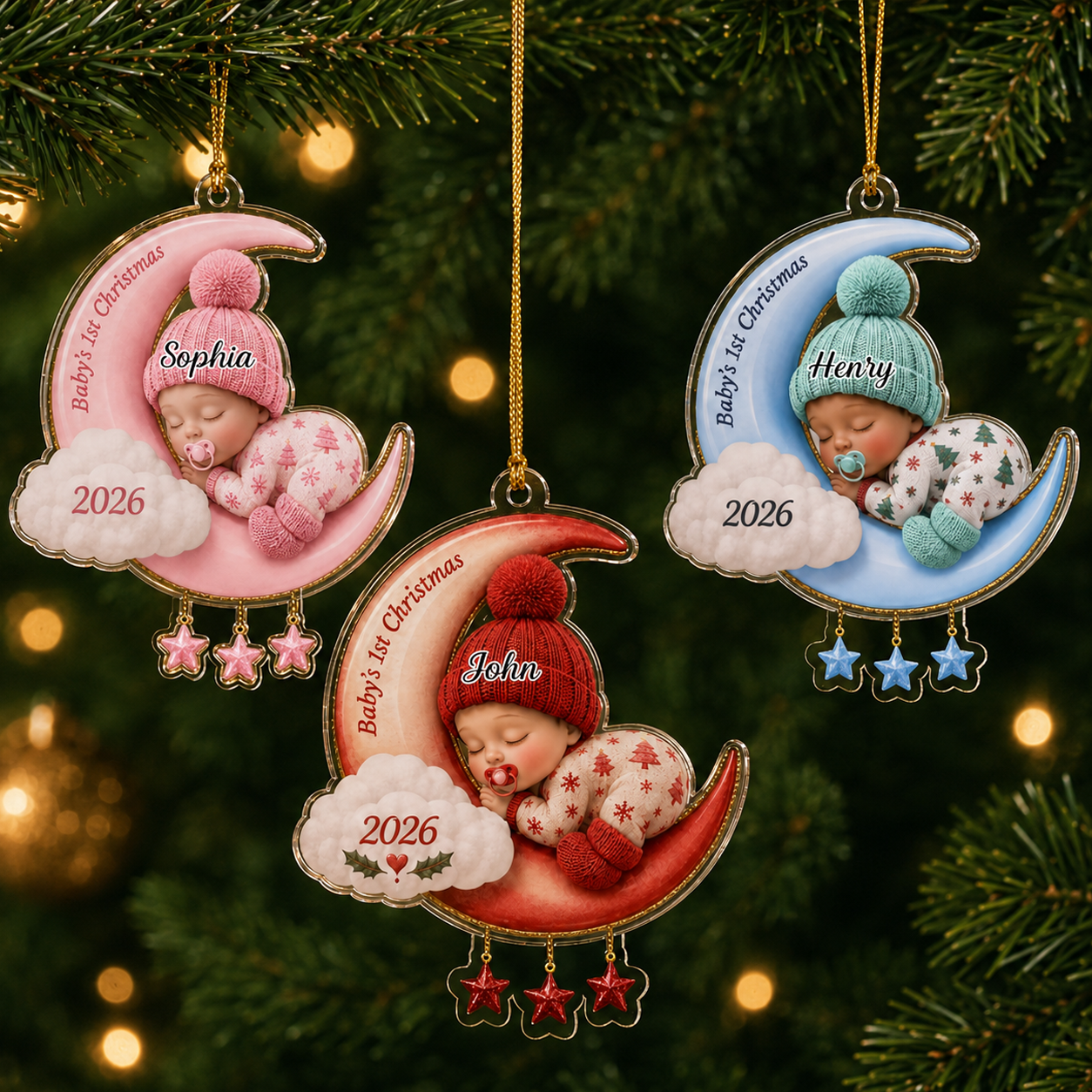 Personalized Baby’s First Christmas 2026 Custom-Shaped Acrylic Ornament – Custom Name Crescent Moon Keepsake for Baby Boy or Girl