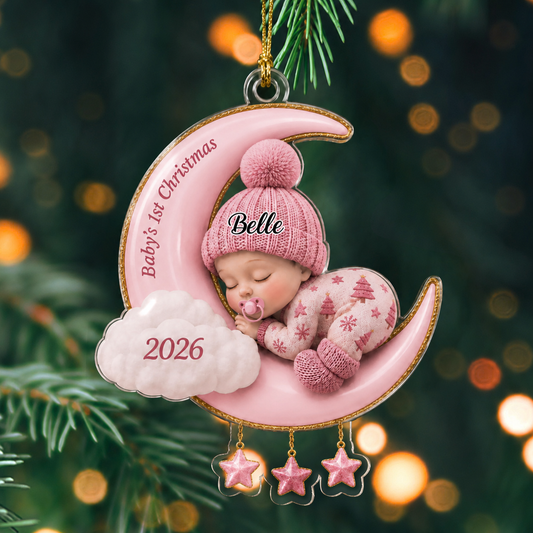 Personalized Baby’s First Christmas 2026 Custom-Shaped Acrylic Ornament – Custom Name Crescent Moon Keepsake for Baby Boy or Girl