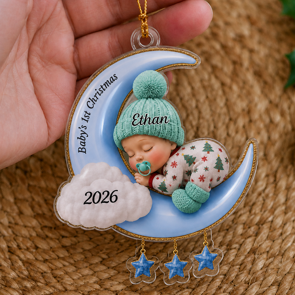 Personalized Baby’s First Christmas 2026 Custom-Shaped Acrylic Ornament – Custom Name Crescent Moon Keepsake for Baby Boy or Girl