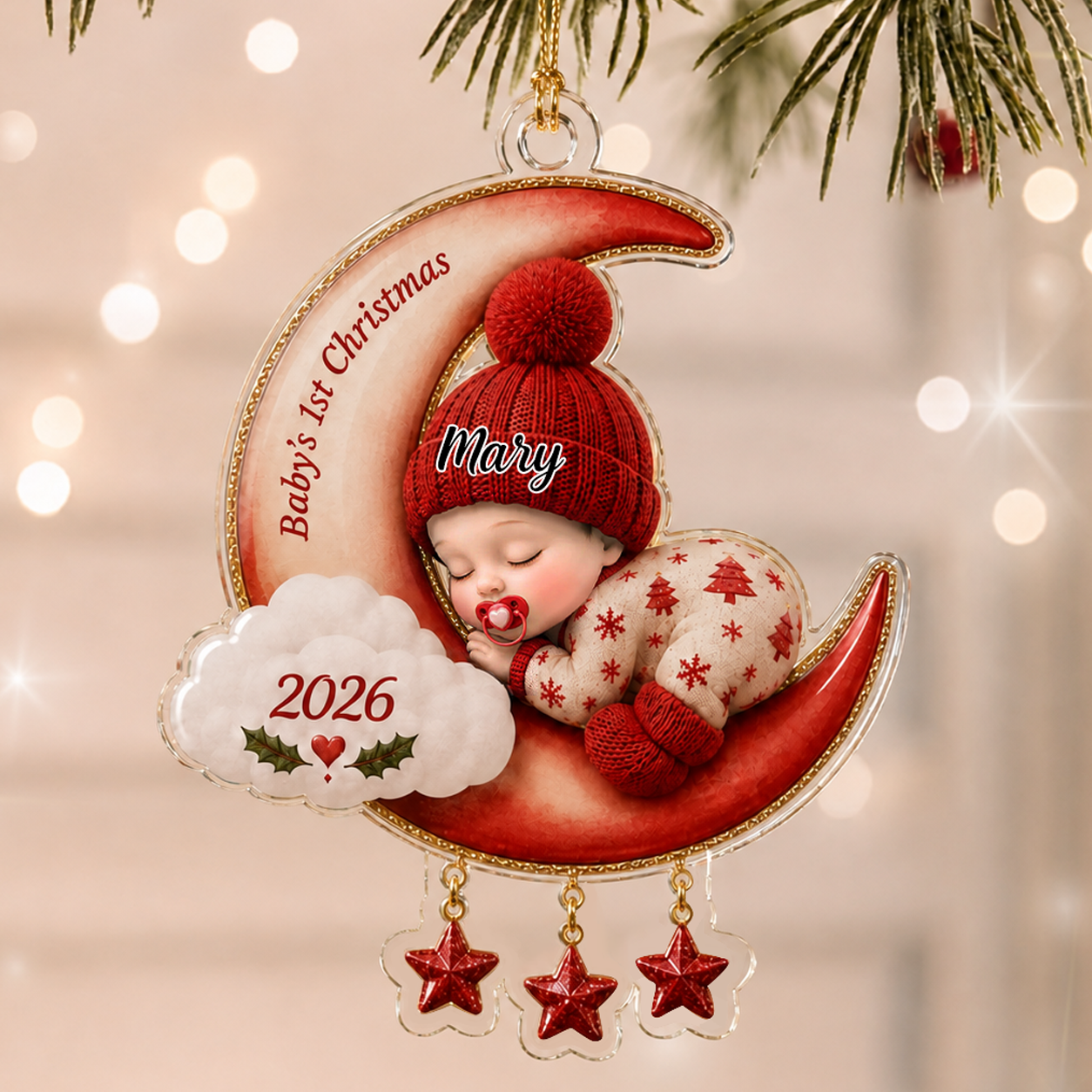 Personalized Baby’s First Christmas 2026 Custom-Shaped Acrylic Ornament – Custom Name Crescent Moon Keepsake for Baby Boy or Girl