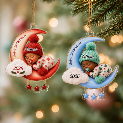 Personalized Baby’s First Christmas 2026 Custom-Shaped Acrylic Ornament – Custom Name Crescent Moon Keepsake for Baby Boy or Girl