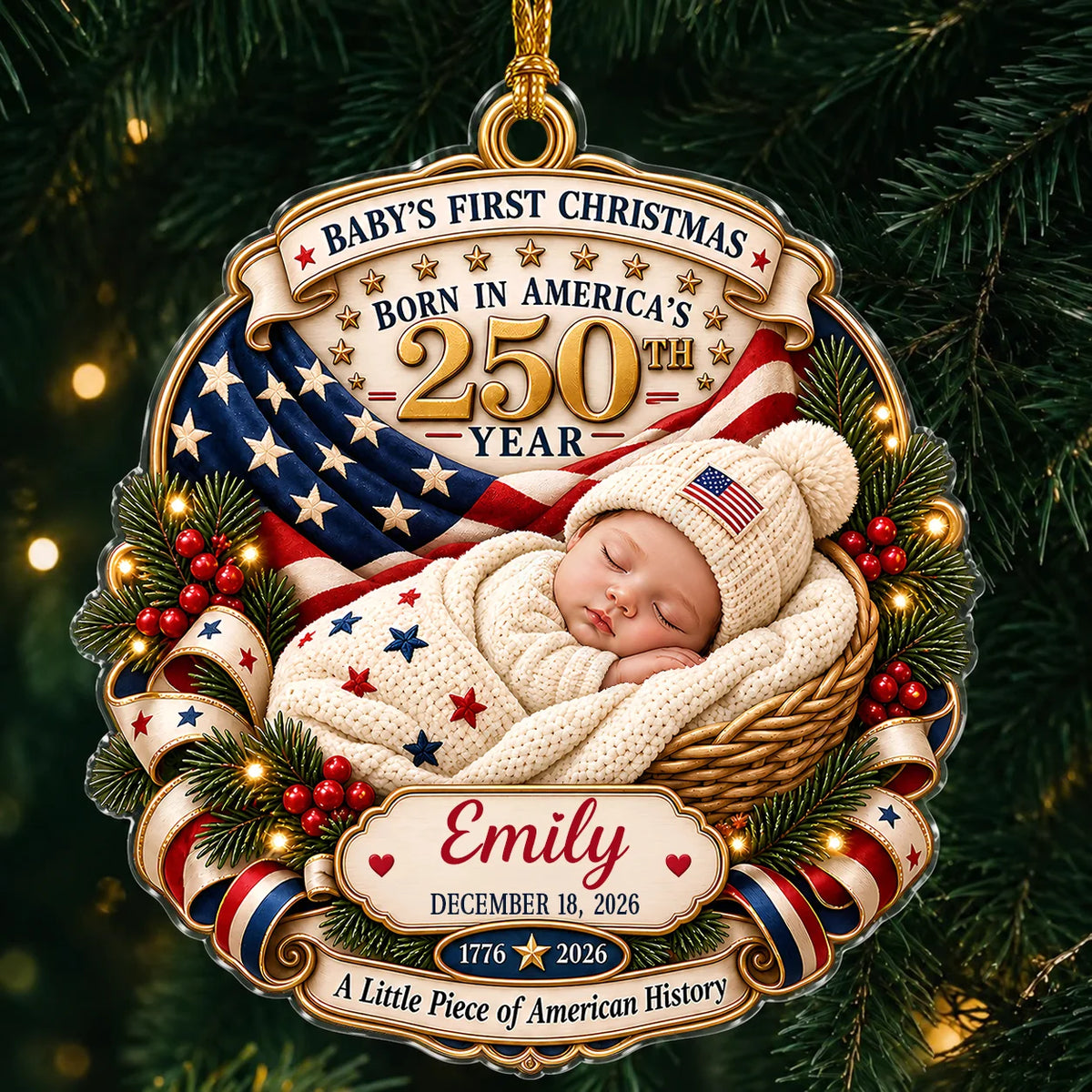 Personalisierter Acryl-Weihnachtsbaumschmuck „Baby's First Christmas America 250“ – schlafendes Baby im Körbchen – Geschenk mit individuellem Namen & Geburtsdatum für Babys