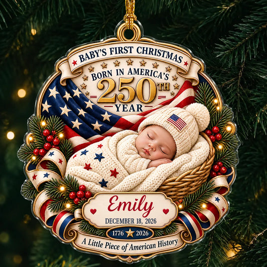 Personalized Baby's First Christmas America 250 Sleeping Baby Basket Acrylic Ornament – Custom Name & Birth Date Gift for Baby