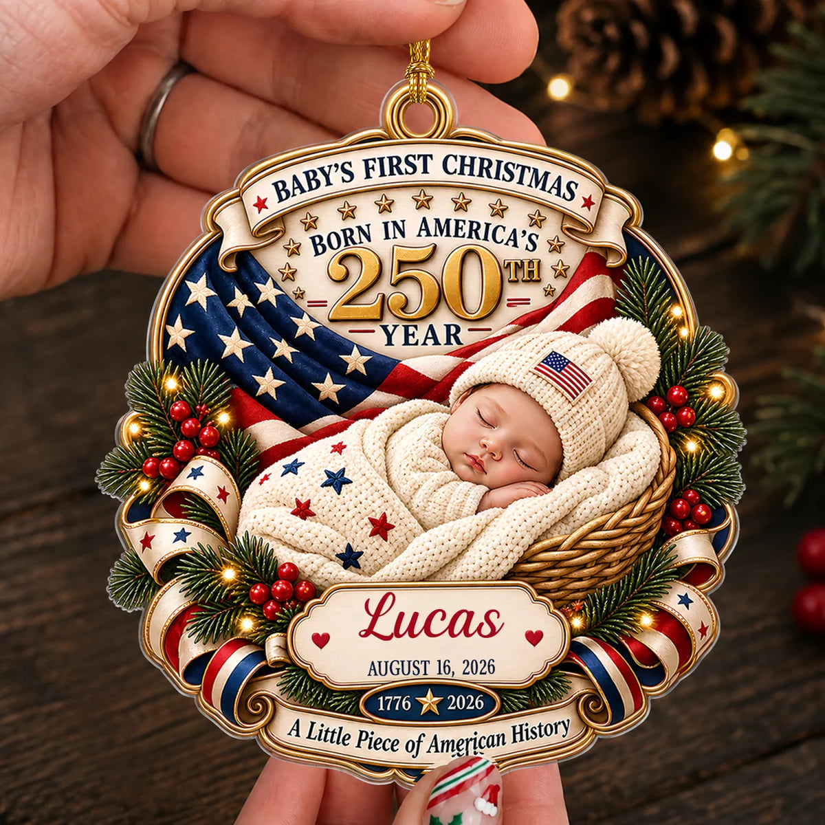 Personalisierter Acryl-Weihnachtsbaumschmuck „Baby's First Christmas America 250“ – schlafendes Baby im Körbchen – Geschenk mit individuellem Namen & Geburtsdatum für Babys