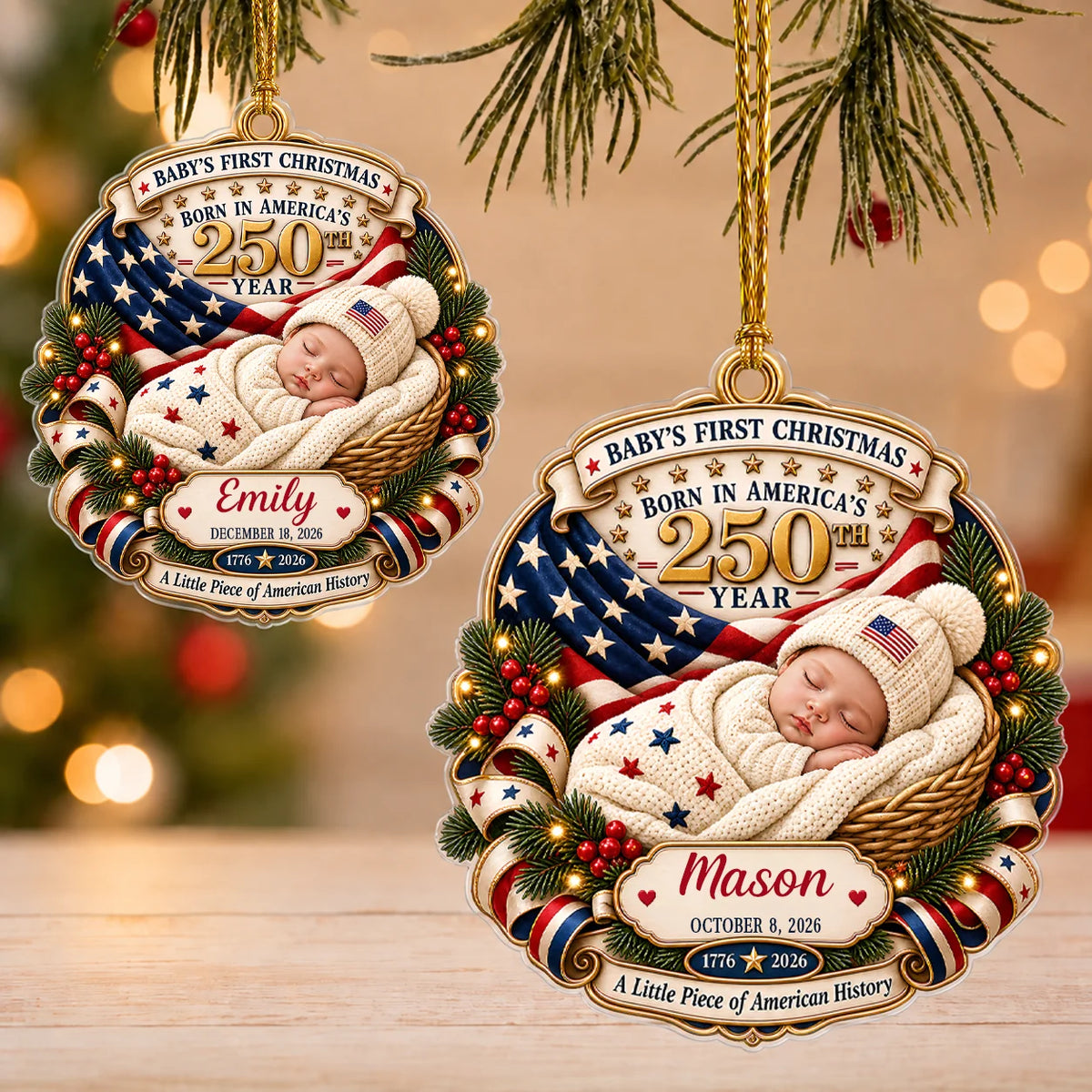 Personalisierter Acryl-Weihnachtsbaumschmuck „Baby's First Christmas America 250“ – schlafendes Baby im Körbchen – Geschenk mit individuellem Namen & Geburtsdatum für Babys