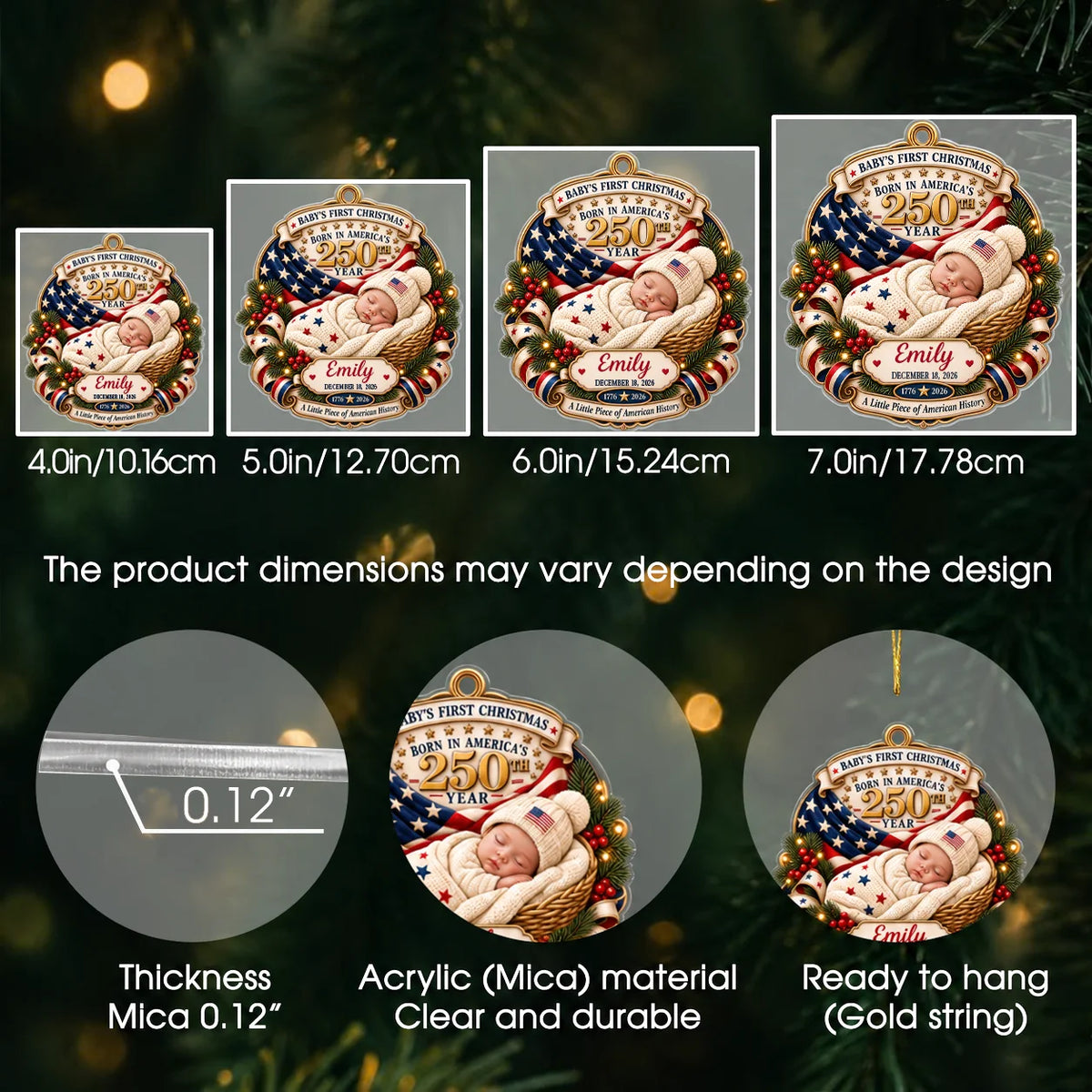 Personalisierter Acryl-Weihnachtsbaumschmuck „Baby's First Christmas America 250“ – schlafendes Baby im Körbchen – Geschenk mit individuellem Namen & Geburtsdatum für Babys