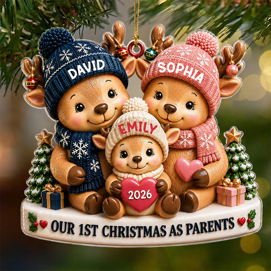 Personalized Our 1st Christmas As Parents Acrylic Ornament – 3D Reindeer Family Dad Mom Baby Custom Names Year Gift For Family