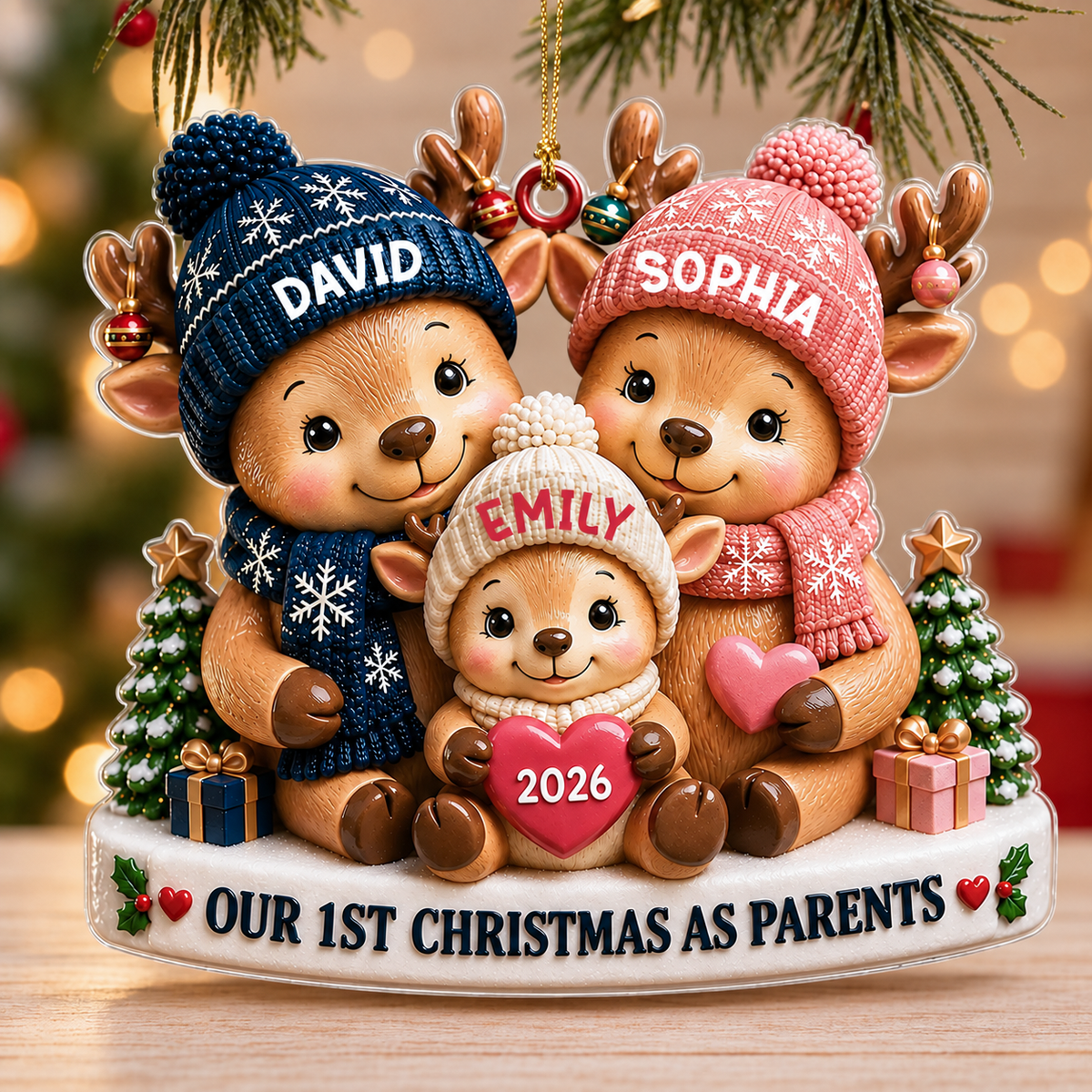 Personalized Our 1st Christmas As Parents Acrylic Ornament – 3D Reindeer Family Dad Mom Baby Custom Names Year Gift For Family