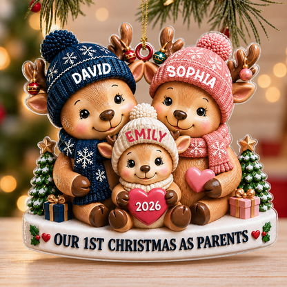 Personalized Our 1st Christmas As Parents Acrylic Ornament – 3D Reindeer Family Dad Mom Baby Custom Names Year Gift For Family
