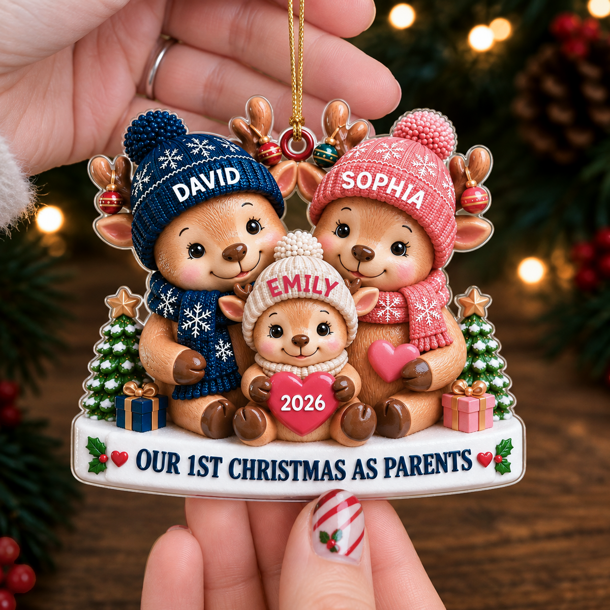 Personalized Our 1st Christmas As Parents Acrylic Ornament – 3D Reindeer Family Dad Mom Baby Custom Names Year Gift For Family