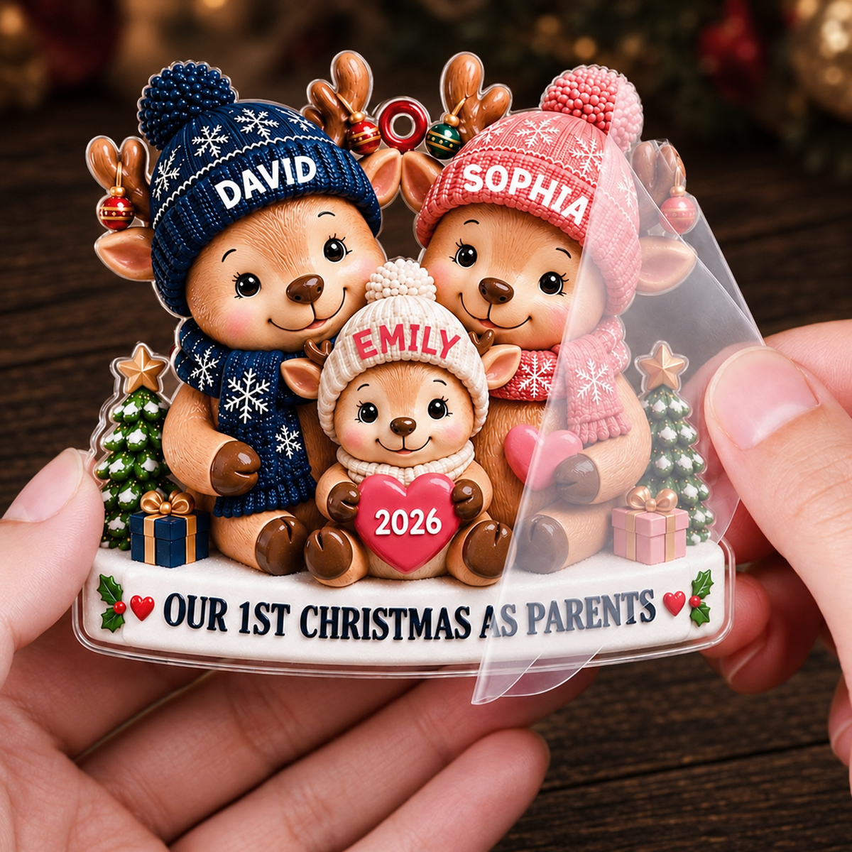 Personalized Our 1st Christmas As Parents Acrylic Ornament – 3D Reindeer Family Dad Mom Baby Custom Names Year Gift For Family
