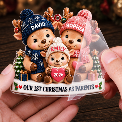 Personalized Our 1st Christmas As Parents Acrylic Ornament – 3D Reindeer Family Dad Mom Baby Custom Names Year Gift For Family
