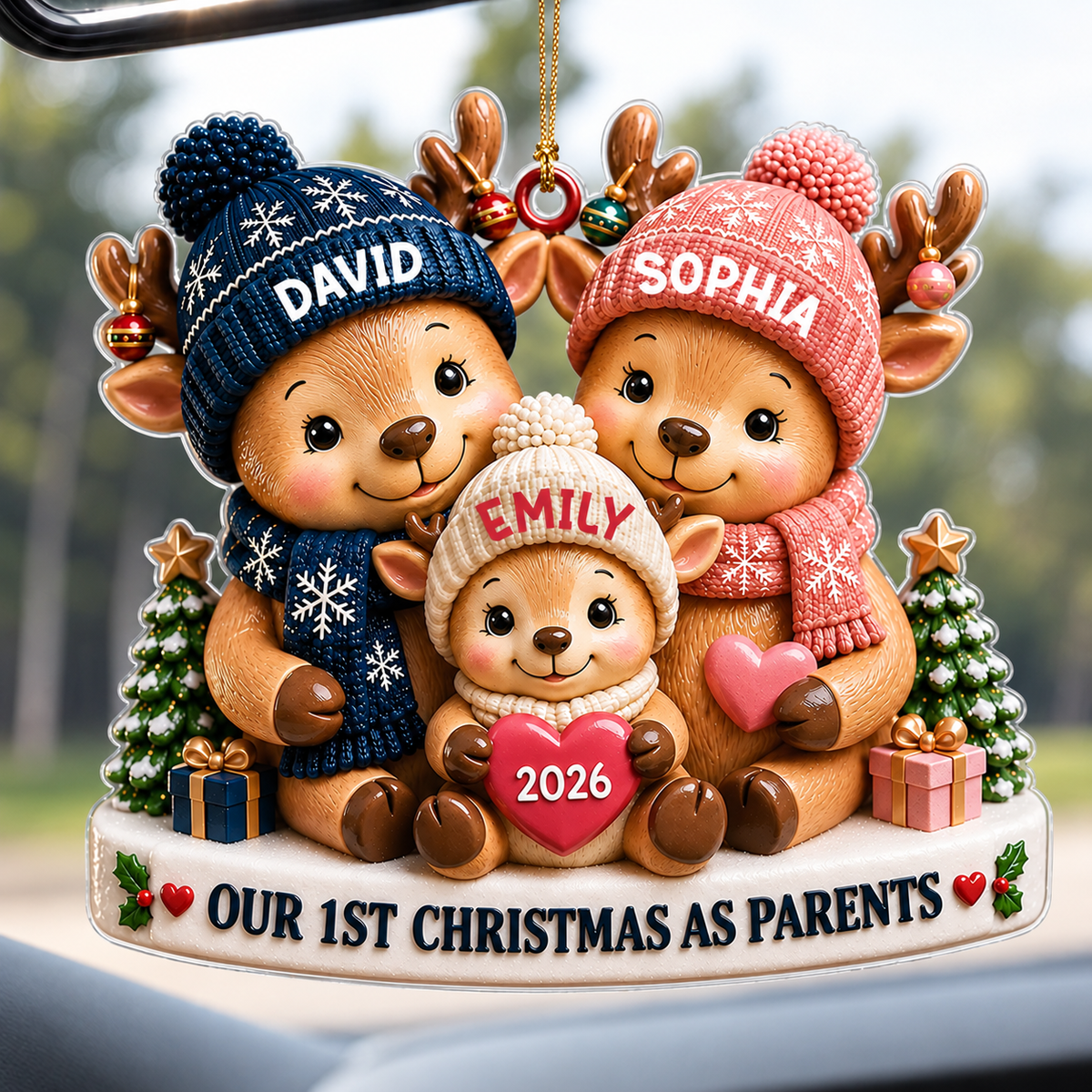 Personalized Our 1st Christmas As Parents Acrylic Ornament – 3D Reindeer Family Dad Mom Baby Custom Names Year Gift For Family