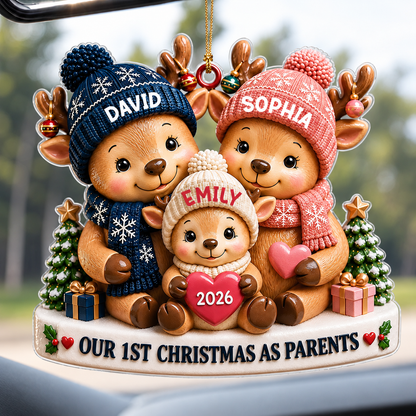 Personalized Our 1st Christmas As Parents Acrylic Ornament – 3D Reindeer Family Dad Mom Baby Custom Names Year Gift For Family