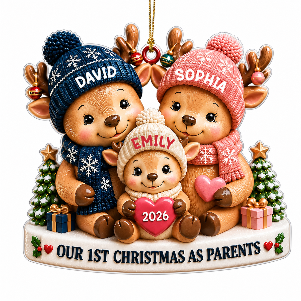 Personalized Our 1st Christmas As Parents Acrylic Ornament – 3D Reindeer Family Dad Mom Baby Custom Names Year Gift For Family
