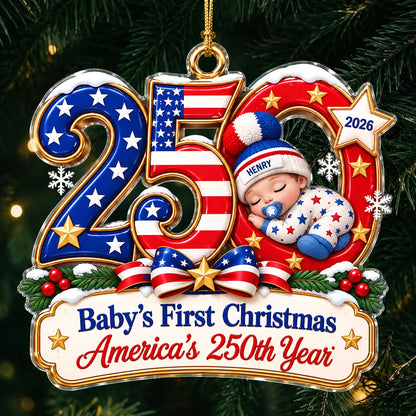 Ornement de Noël en acrylique « America 250 » pour premier Noël de bébé – Souvenir de naissance personnalisé