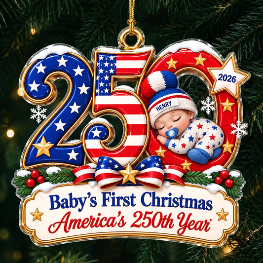America 250 Patriotic Baby’s First Christmas Acrylic Ornament – Personalized Newborn Keepsake