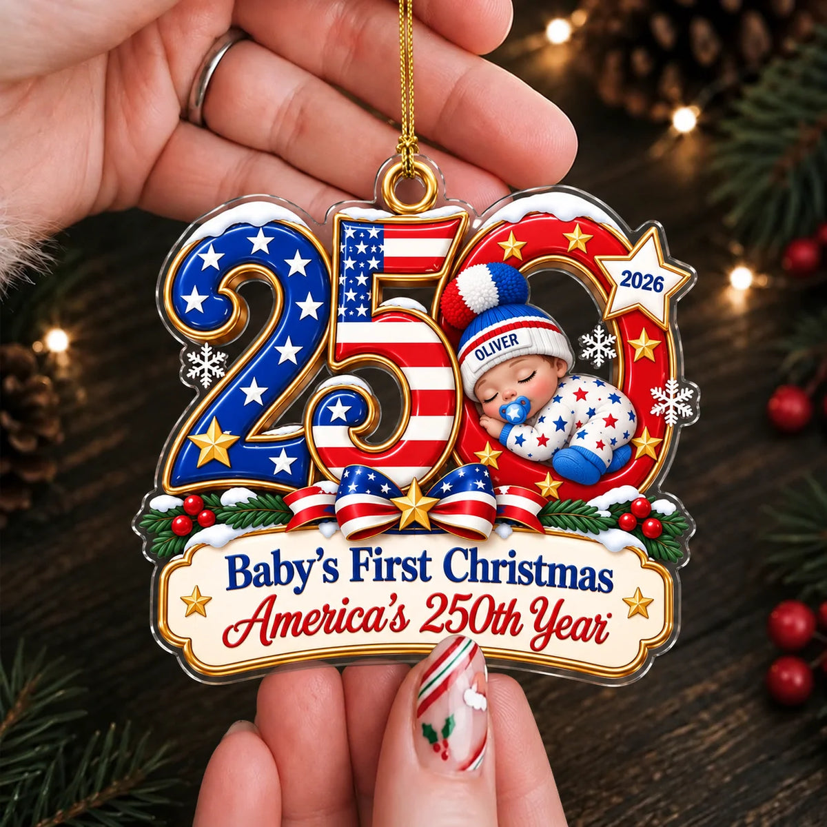 Ornement de Noël en acrylique « America 250 » pour premier Noël de bébé – Souvenir de naissance personnalisé