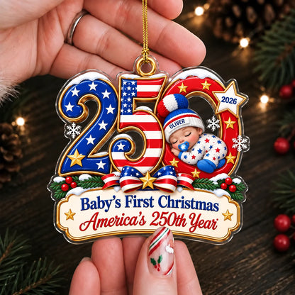 Ornement de Noël en acrylique « America 250 » pour premier Noël de bébé – Souvenir de naissance personnalisé