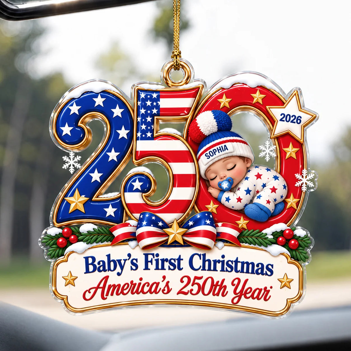 Ornement de Noël en acrylique « America 250 » pour premier Noël de bébé – Souvenir de naissance personnalisé