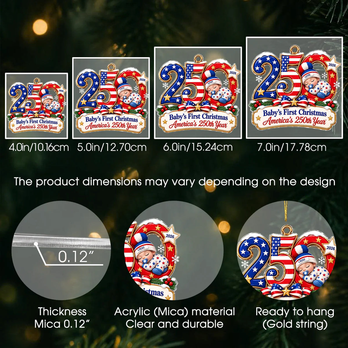 Ornement de Noël en acrylique « America 250 » pour premier Noël de bébé – Souvenir de naissance personnalisé