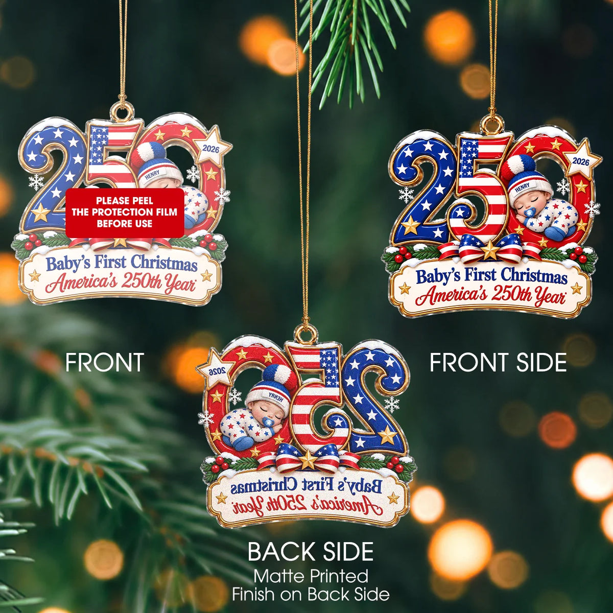Ornement de Noël en acrylique « America 250 » pour premier Noël de bébé – Souvenir de naissance personnalisé