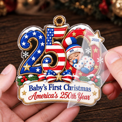 Ornement de Noël en acrylique « America 250 » pour premier Noël de bébé – Souvenir de naissance personnalisé