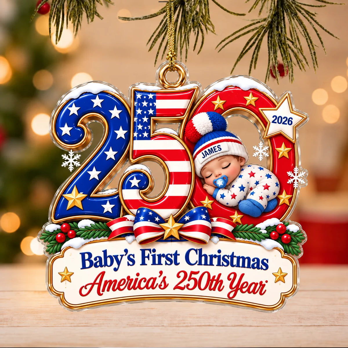 Ornement de Noël en acrylique « America 250 » pour premier Noël de bébé – Souvenir de naissance personnalisé