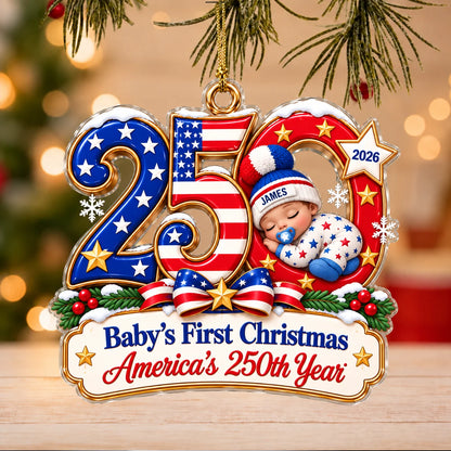 Ornement de Noël en acrylique « America 250 » pour premier Noël de bébé – Souvenir de naissance personnalisé