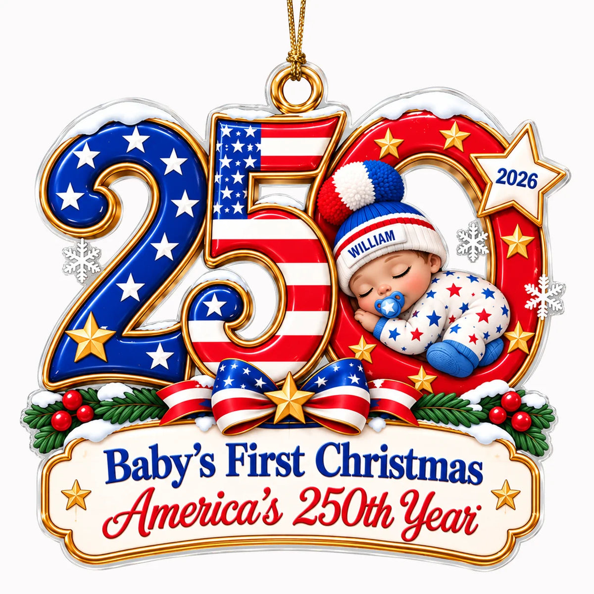 Ornement de Noël en acrylique « America 250 » pour premier Noël de bébé – Souvenir de naissance personnalisé